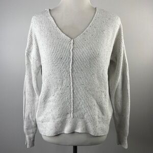 Ruby Moon Womens Large Grey Speckled Ribbed V-Neck Sweater Cotton Blend